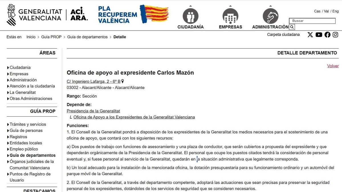 La web de la Generalitat Valenciana ya contempla la oficina de Mazón como expresidente.