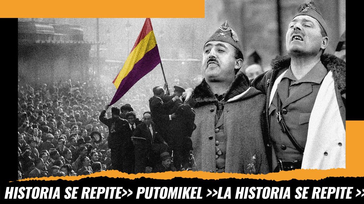 Montaje: a la izquierda fotografía de la proclamación de la Segunda República en Madrid con la bandera coloreada junto una foto de Francisco Franco y Millán Astray en 1926