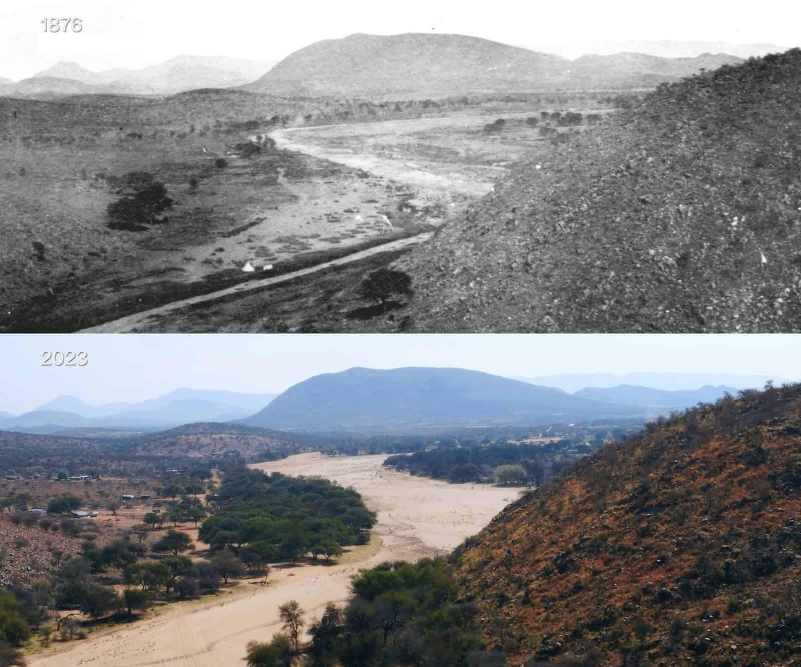 Dos fotos que comparan el mismo paisaje en Namibia, en 1876, antes del genocidio, y en 2023.