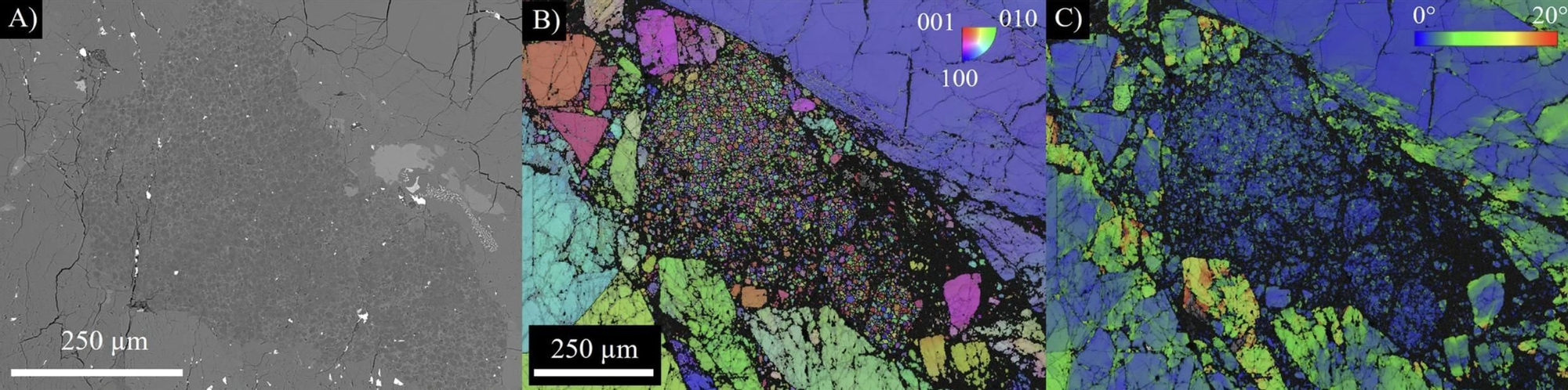 El mapa BSE ( A ) representa el contexto petrológico. El mapa IPF ( B ) muestra varios subgranos con diferentes orientaciones en el olivino, lo que indica recristalización. El mapa GROD ( C ) muestra poca o ninguna deformación en los subgranos, lo que indica un nuevo crecimiento en el olivino.