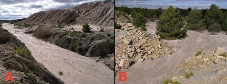 Conexión hidrológica de la escombrera de Hoya Grande. Pueden apreciarse problemas de erosión y sedimentación ().