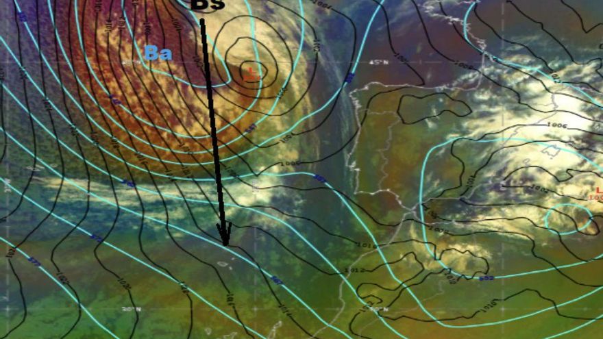 Imagen de masas de aire del 28 de noviembre 2020 a las 03 UTC con geopotencial en 500 hPa (celeste) y presión en superficie (en negro)