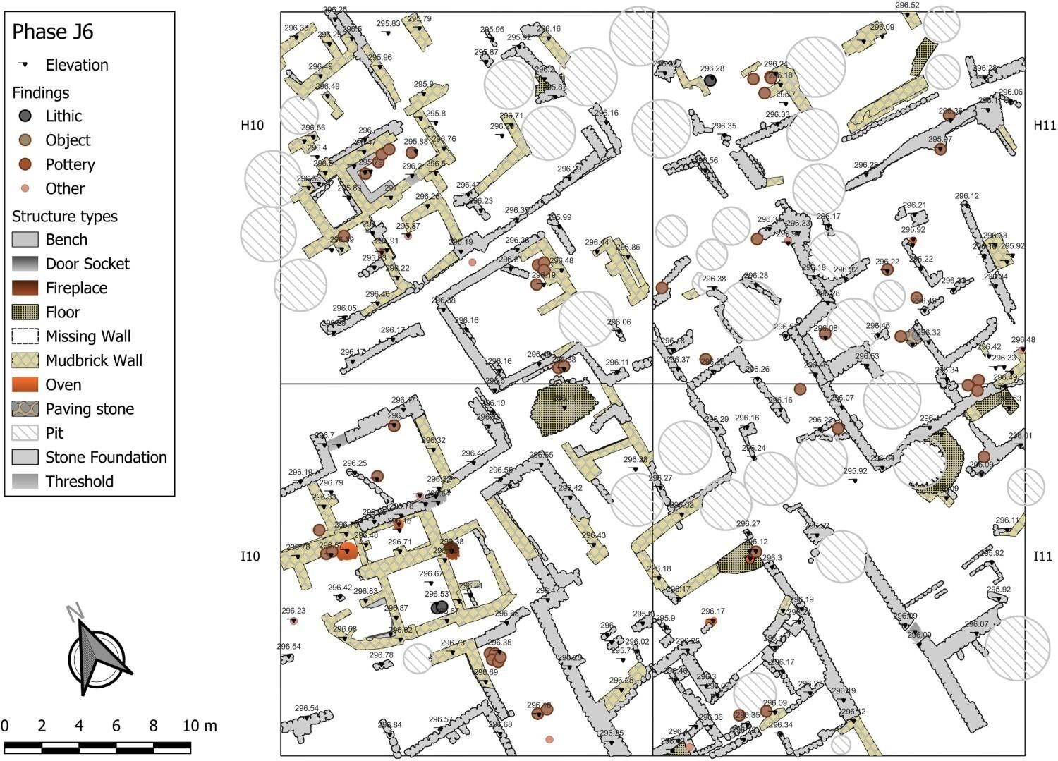 Plano de estructuras de la unidad de excavación que data de la subfase J6.