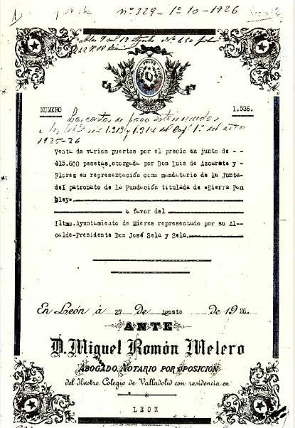 Primera hora del contrato de la venta del Puerto Pinos, 27 de agosto de 1926.