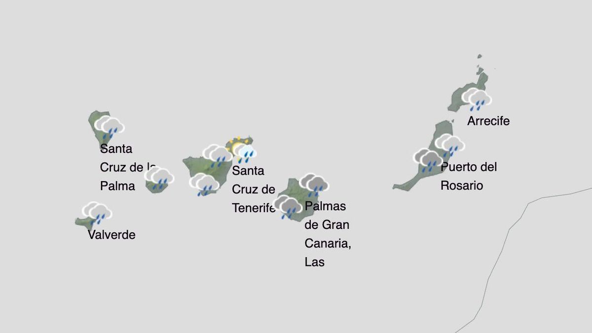 Predicción de lluvias por la borrasca Claudia en Canarias este jueves.