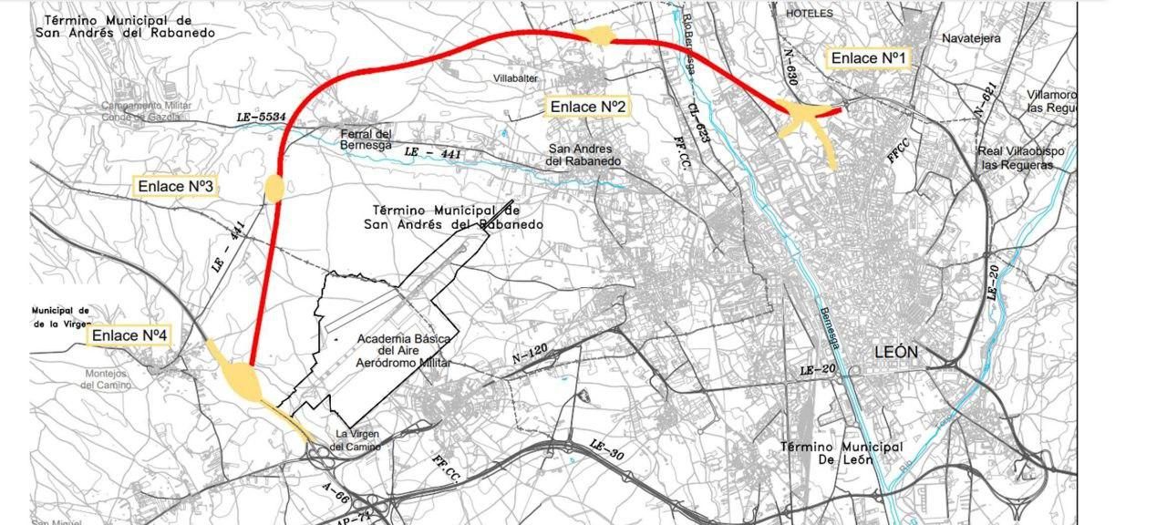 La Ronda Noroeste uniría el actual cruce de Hospitales con la León-Astorga más allá del aeropuerto de León.