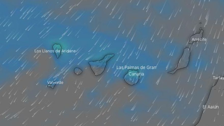 Precipitaciones en Canarias previstas para el miércoles 8 de diciembre. Los colores verdosos y amarillos indican mayor cantidad de agua
