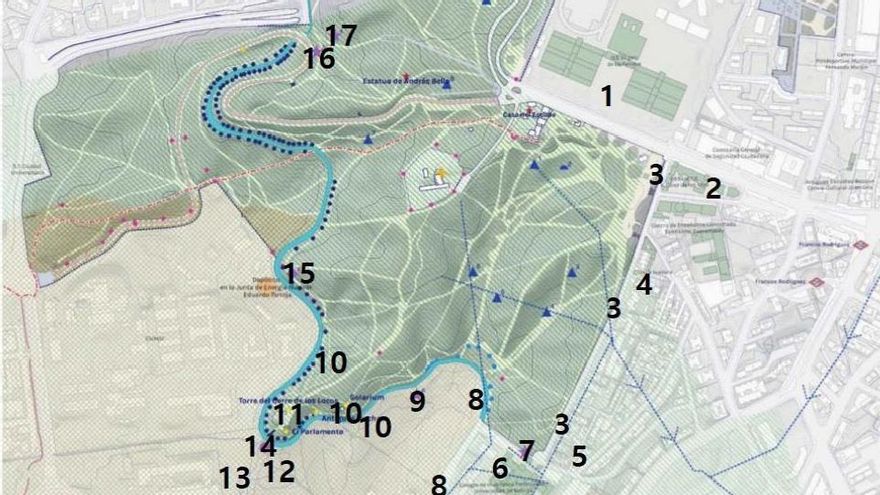 Plano de los restos de la defensa de Madrid en la Dehesa de la Villa. Los puntos se vana explicando en el cuaderno