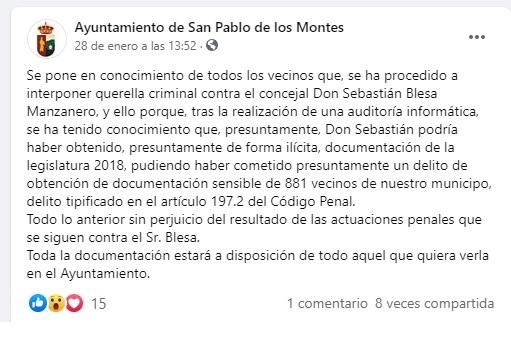 Captura de pantalla de la primera publicación en el perfil de Facebook del Ayuntamiento de San Pablo de los Montes