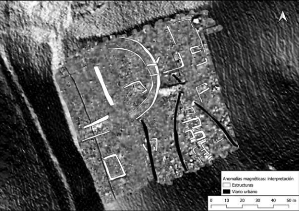 Posible localización del teatro en la ladera del cerro de Torreparedones, basada sobre la prospección
magnética realizada en el año 2022.