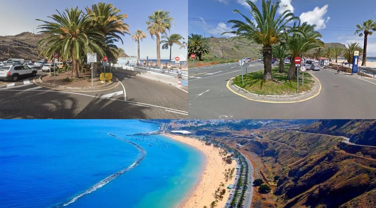 Arriba a la izquierda, acceso cerrado a uno de los carriles de Las Teresitas, con los aparcamientos eliminados; y la playa, con los dos carriles abiertos y más plazas de aparcamiento.
