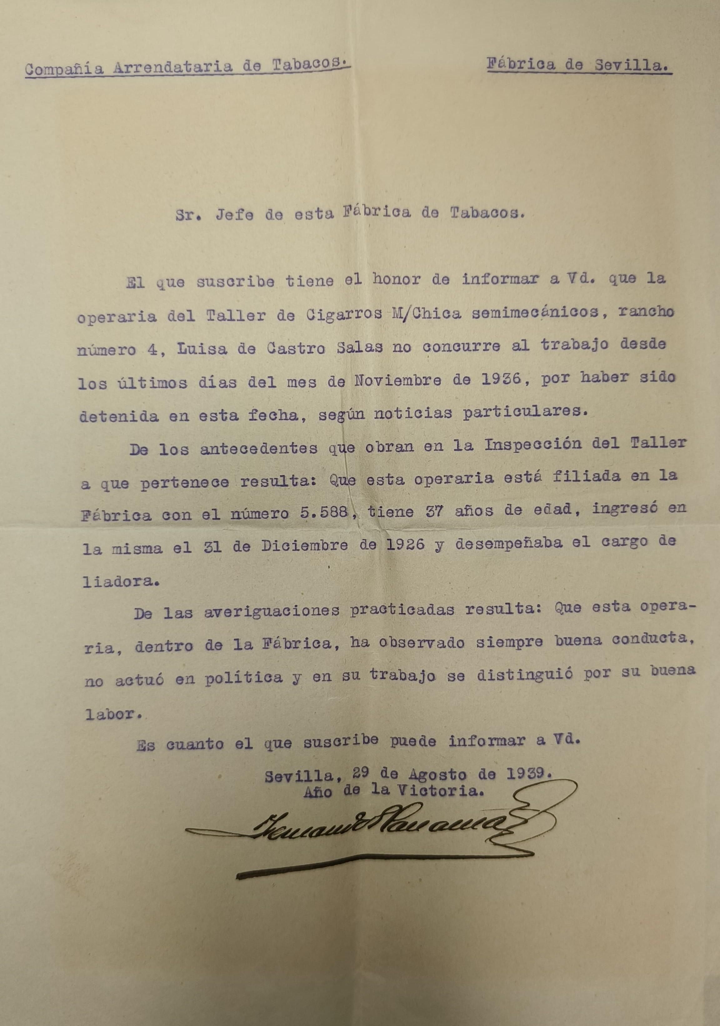 Informe de 1939 favorable a una trabajadora.