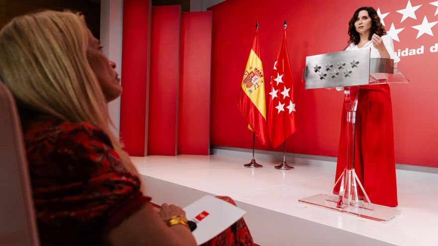 La presidenta de la Comunidad de Madrid, Isabel Díaz Ayuso, durante una comparecencia en la Real Casa de Correos para denunciar la ruptura de la caja común, a 14 de julio de 2025, en Madrid (España).