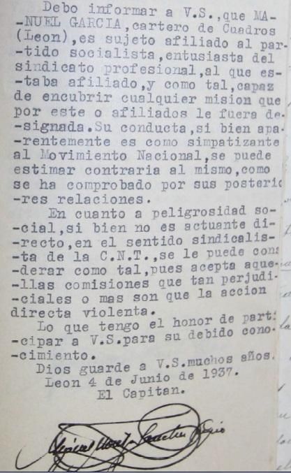 Extracto de la causa judicial contra Manuel García, cartero de Cuadros y afiliado socialista.