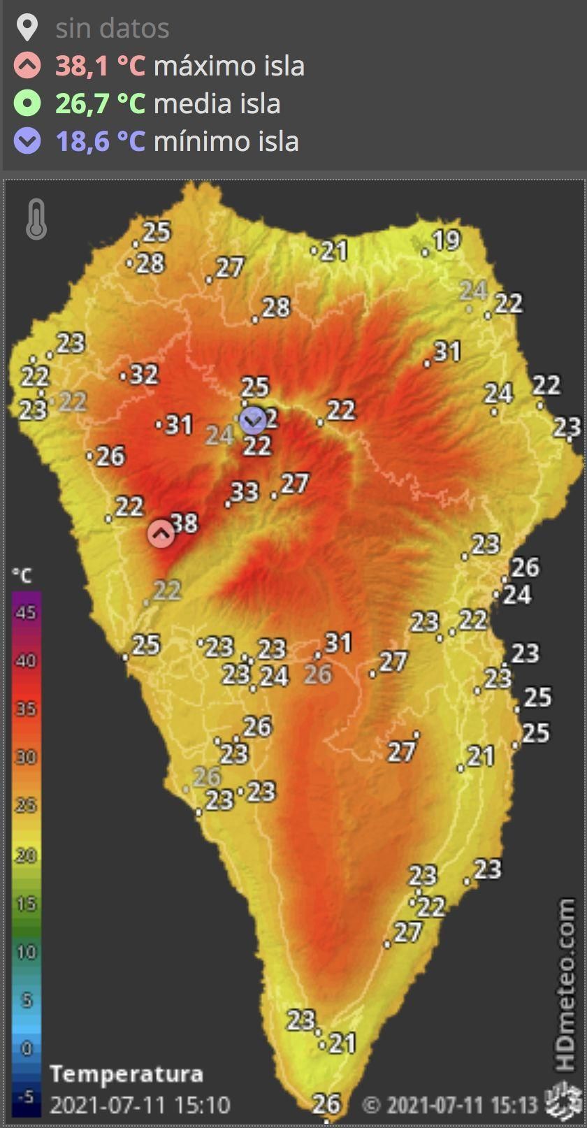 Mapa de HD Meteo La Palma donde se indica la temperatura que, a las  15.10 horas de este domingo, 11, se registraba en distintos puntos de la Isla.