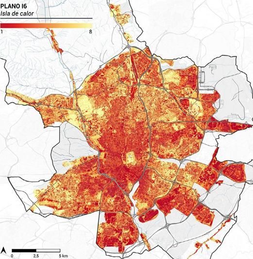 Mapa de islas de calor en Madrid, que muestra como algunas zonas (la mayoría al sur) acumulan más calor por la falta de vegetación, asfalto y poca sombra (decil 1).
