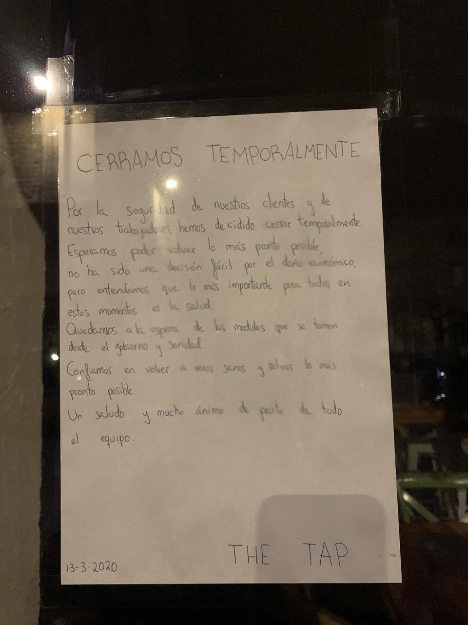 Un bar anuncia el cierre temporal