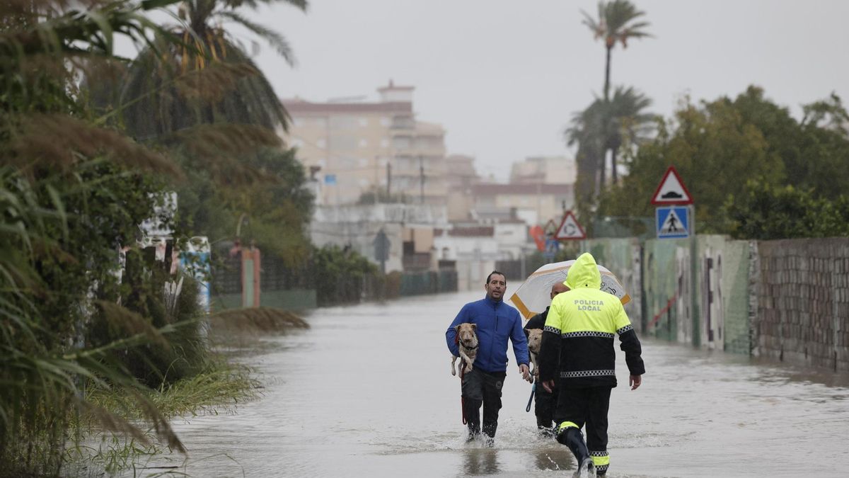 Un policía local se acerca a dos personas que abandonan la zona de la playa de Bellreguard (Valencia) con sus perros a través de una calzada inundada este lunes.