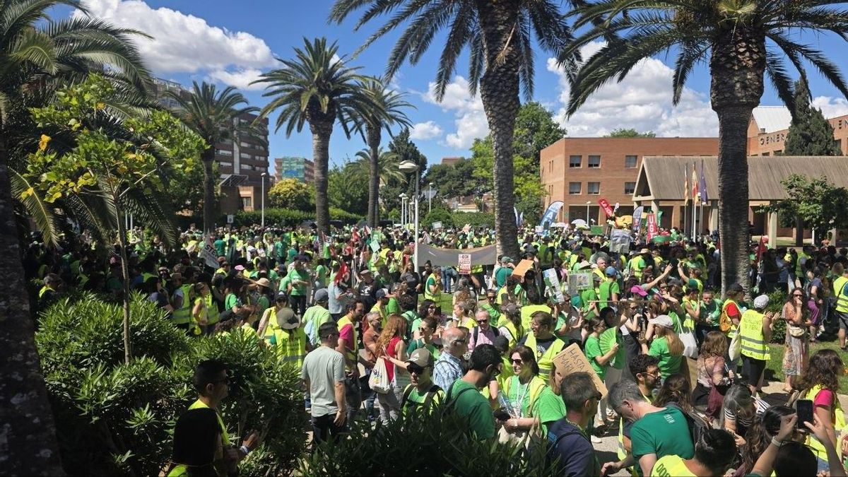 Centenares de profesores, concentrados a las puertas de la Conselleria de Educación, exigen la dimisión de la consellera Carmen Ortí.