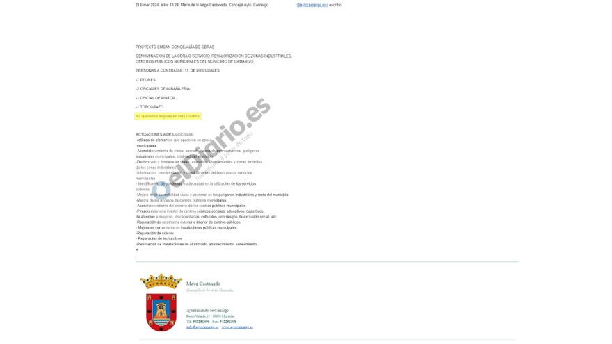 Una concejala del PP de Camargo difunde una oferta de empleo discriminatoria: "No queremos mujeres en esta cuadrilla"