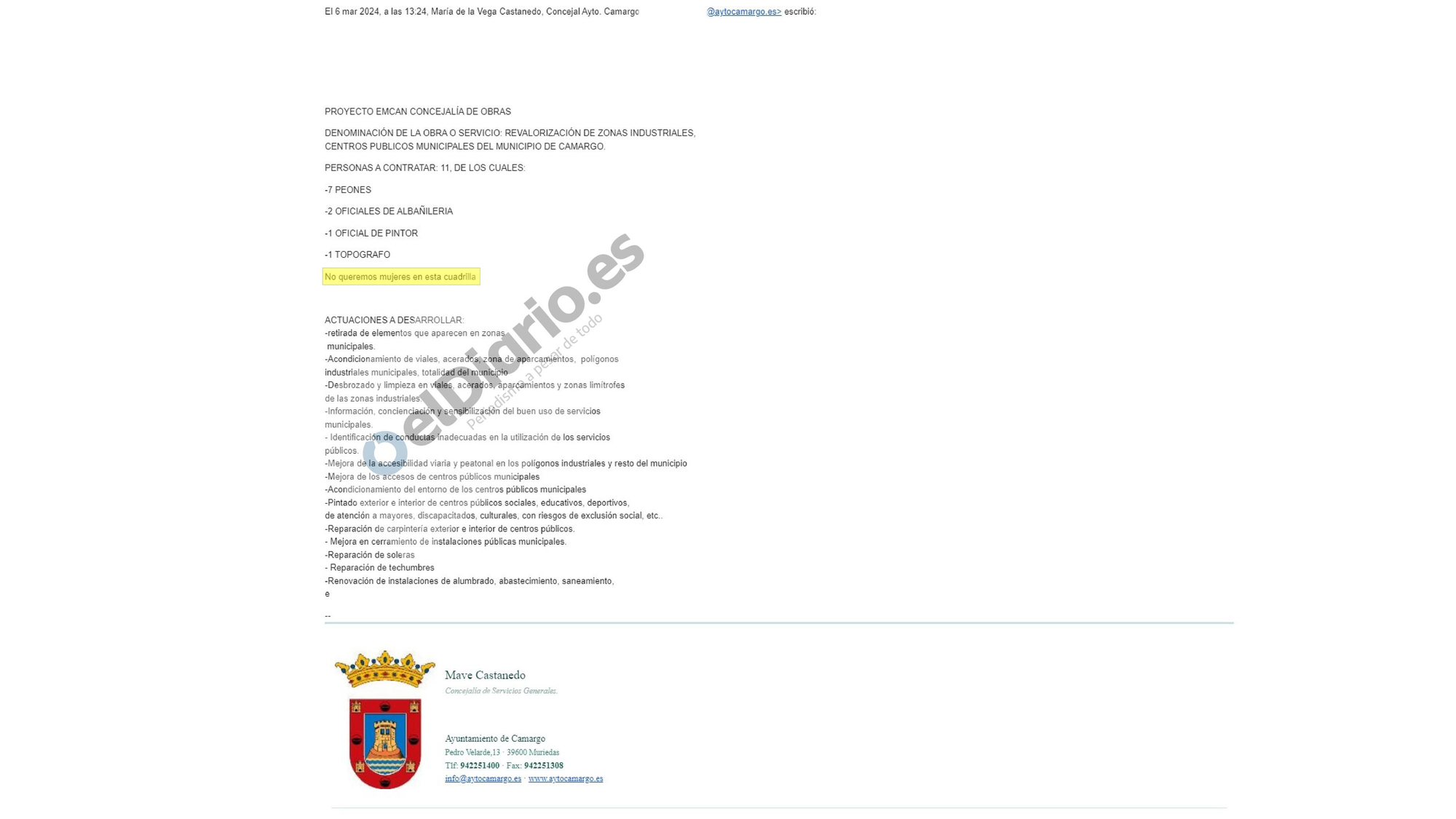 El correo electrónico enviado desde el Ayuntamiento Camargo que especifica que "no quieren mujeres.