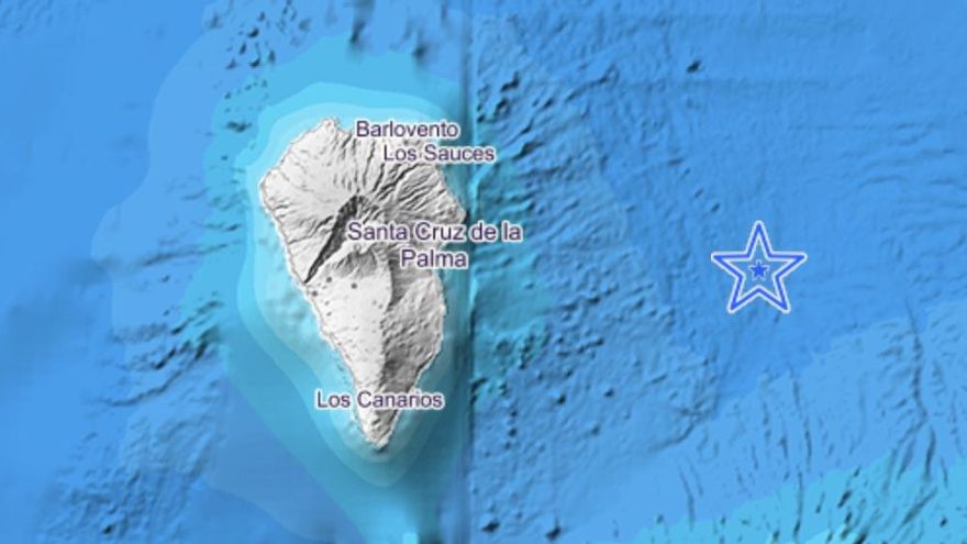 Imagen del IGN donde se indica el lugar exacto donde se ha localizado el movimiento sísmico este martes, a las 05.10 horas, en el mar, al este de La Palma.