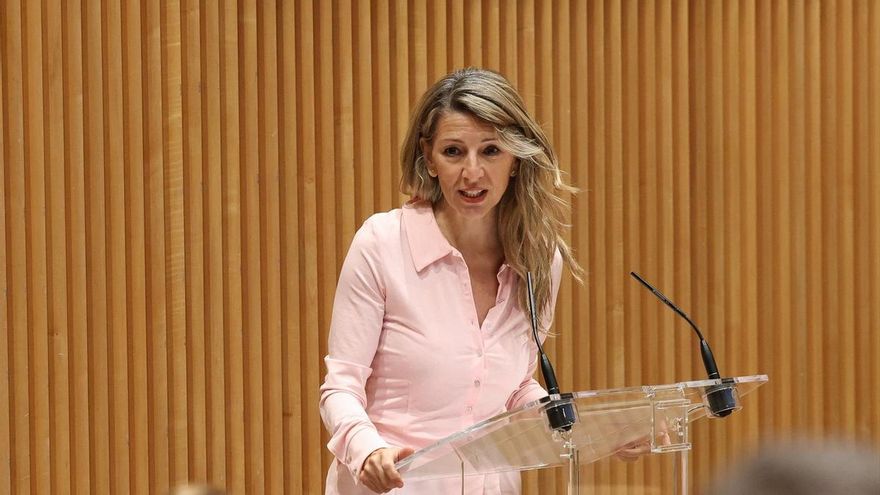 La vicepresidenta segunda y ministra de Trabajo y Economía Social, Yolanda Díaz, durante la presentación oficial como Confederación, en el Congreso de los Diputados, a 1 de junio de 2026, en Madrid (España).