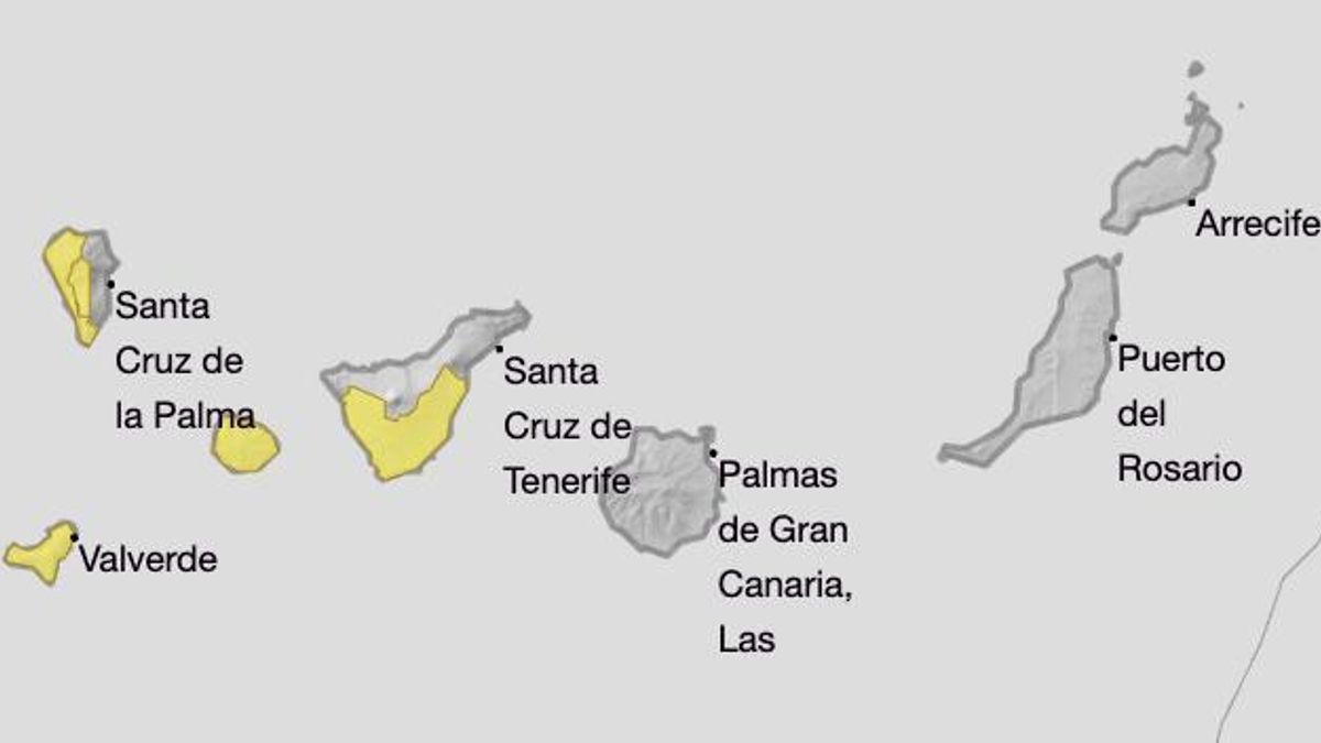 Mapa de la Aemet de los avisos amarillos por lluvia y viento.