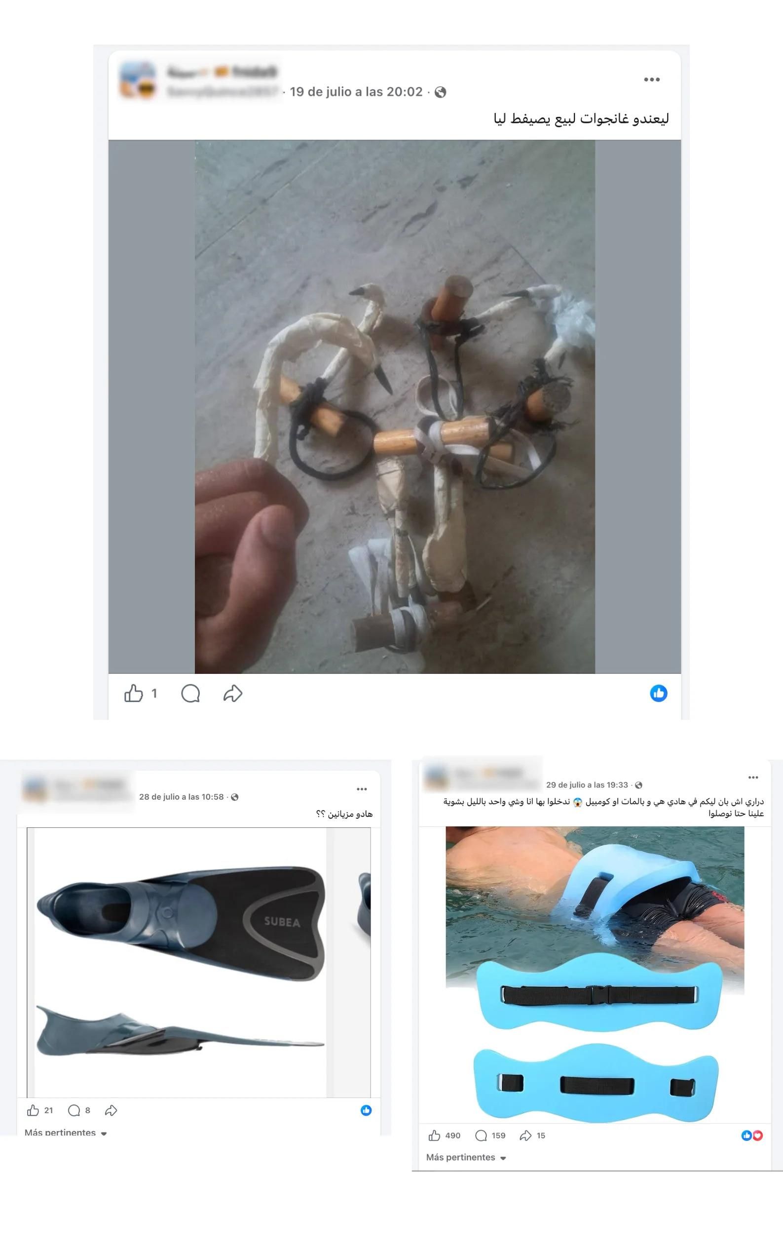 Arriba una foto de un usuario pidiendo ganchos artesanales. Abajo, consultas sobre llevar aletas y cinturón de espuma