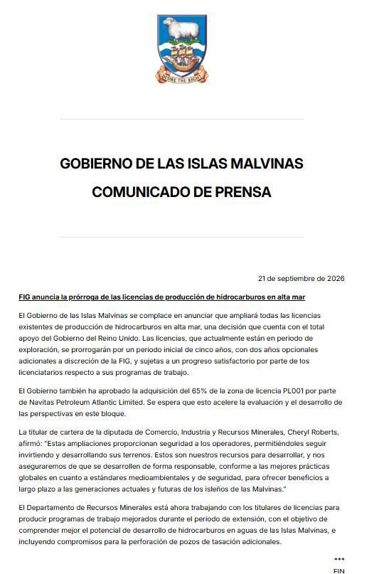 El comunicado que difundió el gobierno británico sobre la explotación de las petroleras en Islas Malvinas