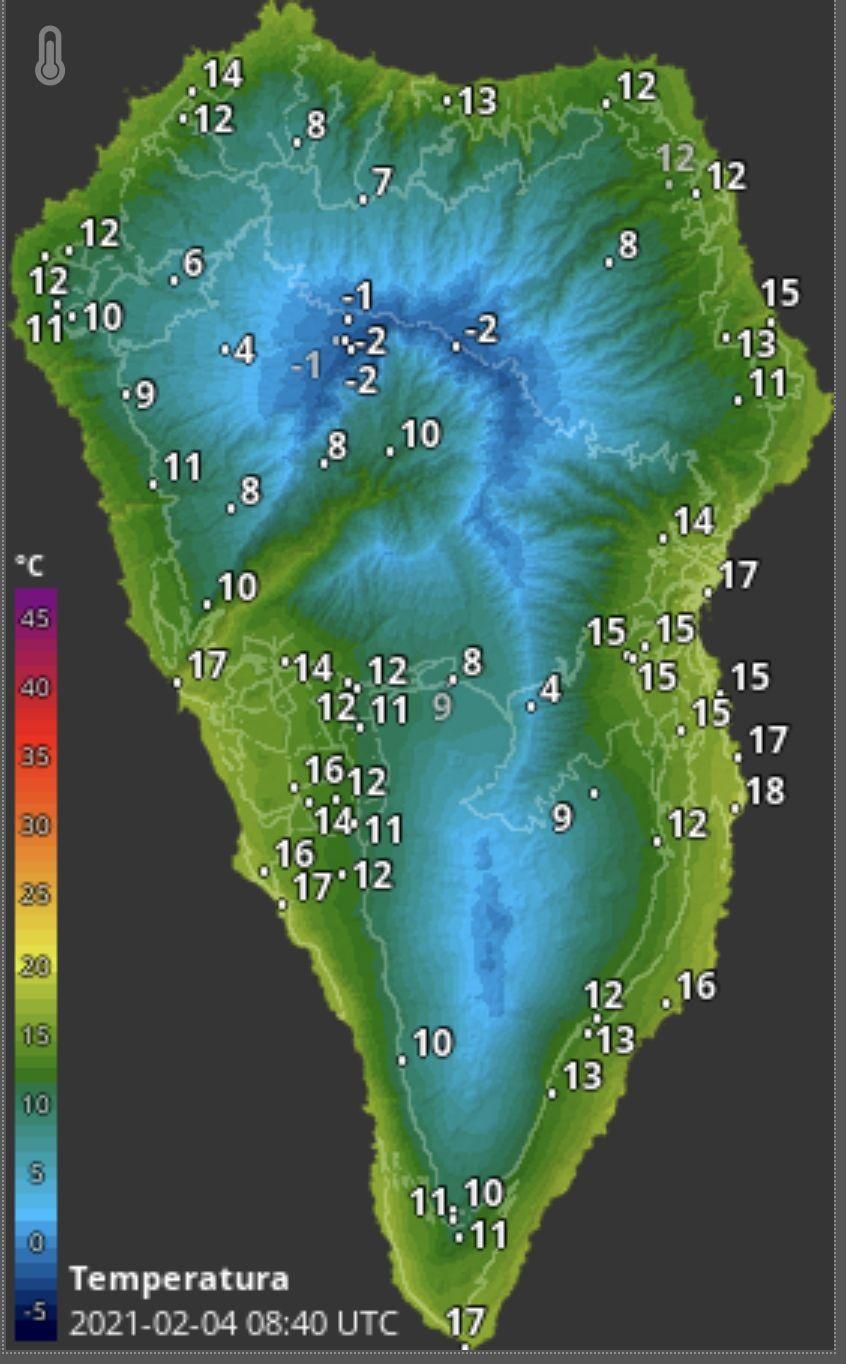 Mapa de HD Meteo La Palma donde se indica la temperatura que, a las 08.40 horas de jueves, 4 de febrero, se registraba en distintos puntos de la Isla.