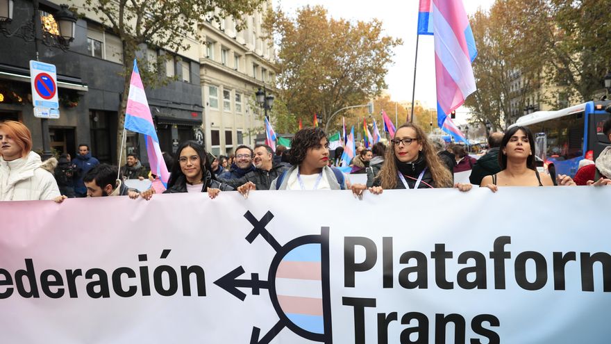 Cabecera de la manifestación de la Federación Estatal de Lesbianas, Gais, Trans, Bisexuales, Intersexuales y más (FELGTBI+) y diversas organizaciones para reivindicar la ley trans y exigir al PSOE que no la recorte en su tramitación parlamentaria, este sábado en Madrid. EFE/ Zipi Aragon