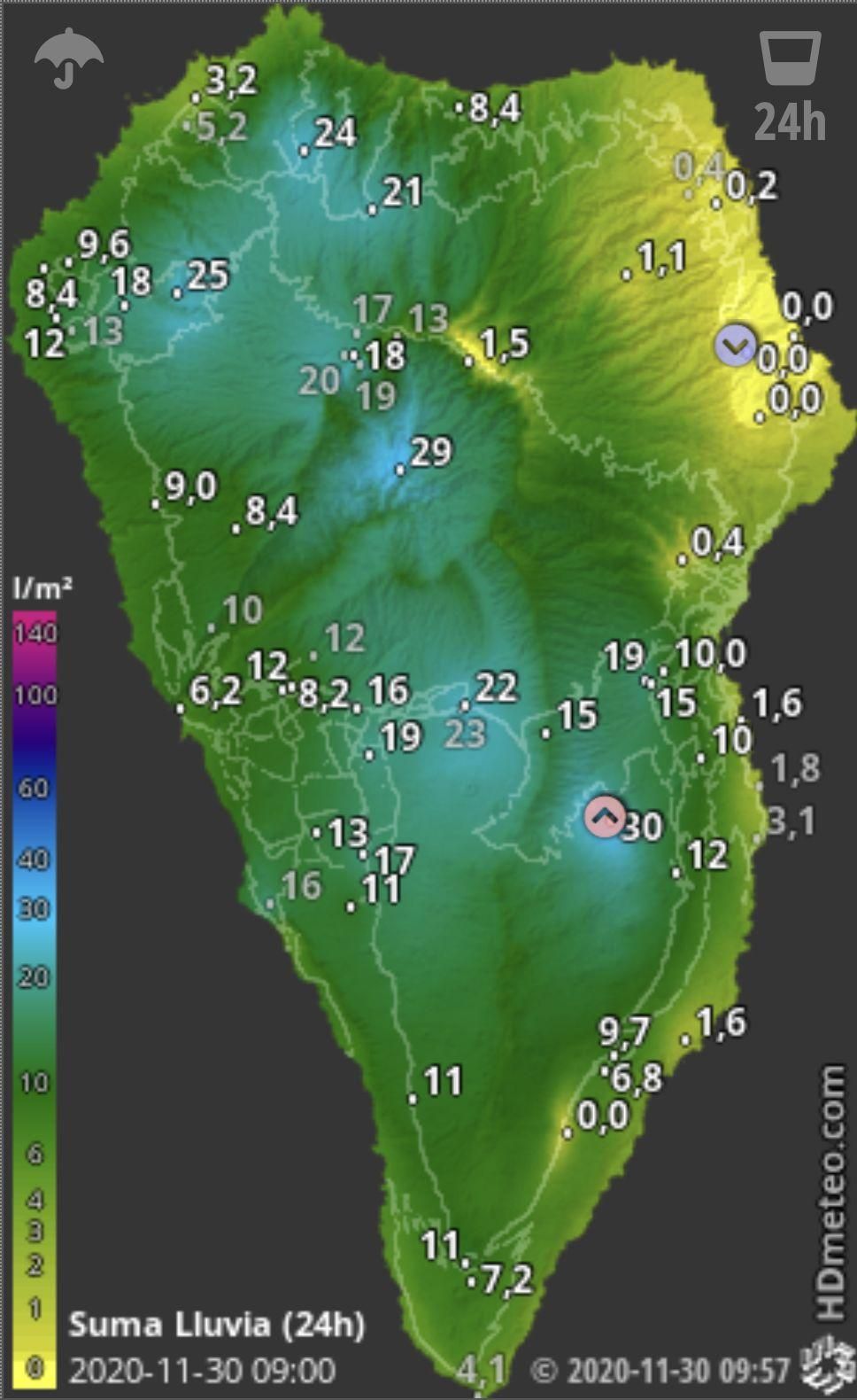 Mapa de HD Meteo La Palma de la lluvia caída, hasta las 09.00 horas de este lunes, 30 de noviembre, en  La Palma.