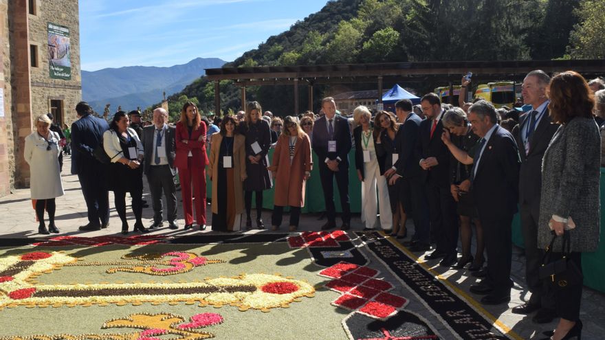 Varios miembros del Consejo de Gobierno observan la alfombra floral instalada frente a la Puerta del Perdón.
