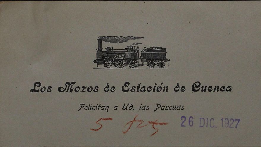 Felicitación de los mozos de la estación de tren de Cuenca a los viajeros y vecinos de la ciudad. 1927.