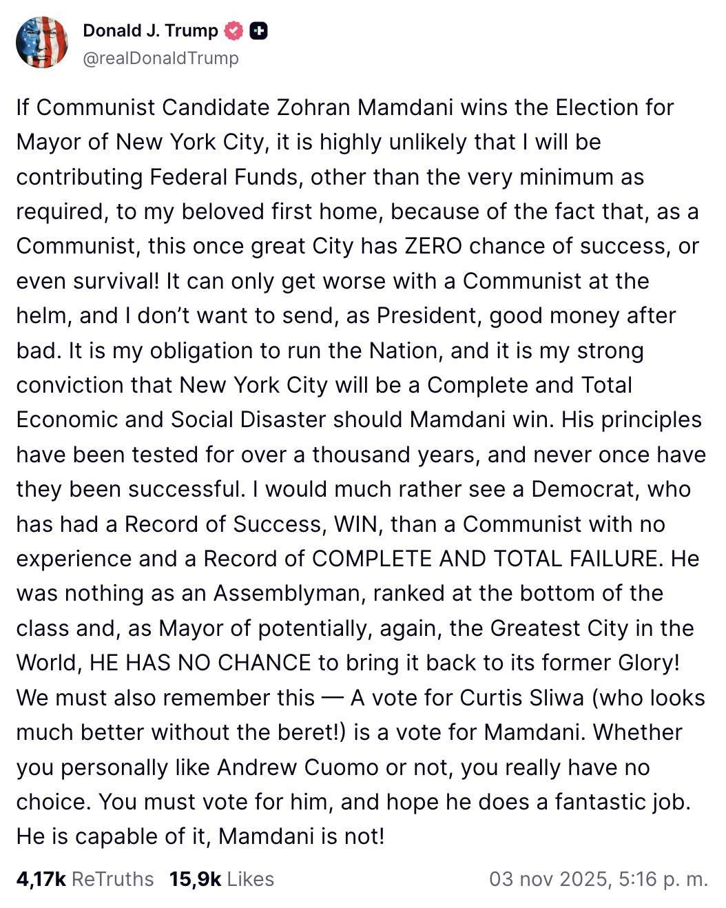 Truth Social de Trump apoyando a Cuomo.