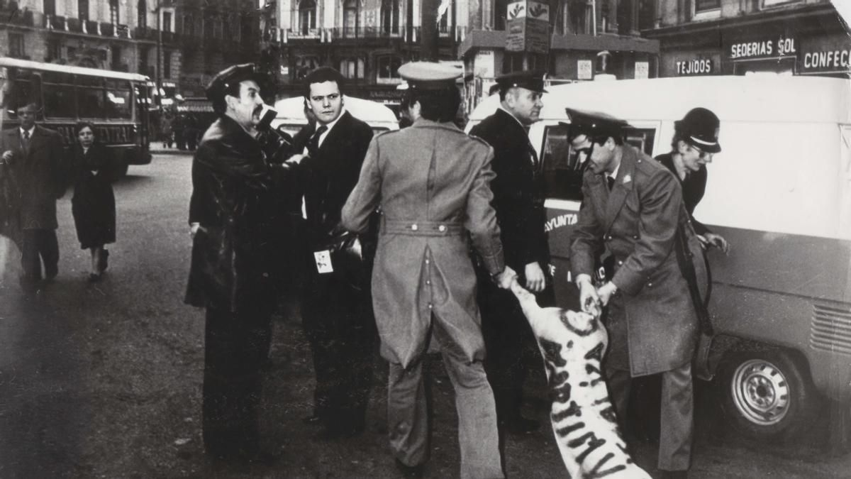 El fotoperiodista Desiderio Mondelo, identificado por agentes de la Policía Municipal de Madrid en la Puerta del Sol mientras varios grises se llevan un cerdo con la inscripción 'Martín Villa'.