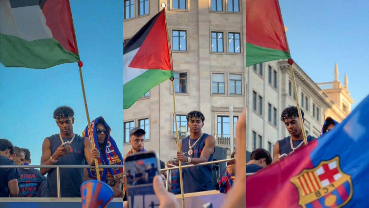 Lamine Yamal festeja el nuevo título del Barcelona con una bandera de Palestina en la mano