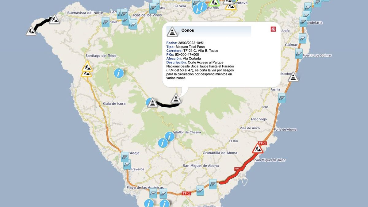 Vía cerrada este lunes por desprendimientos. / FOTO: CABILDO DE TENERIFE