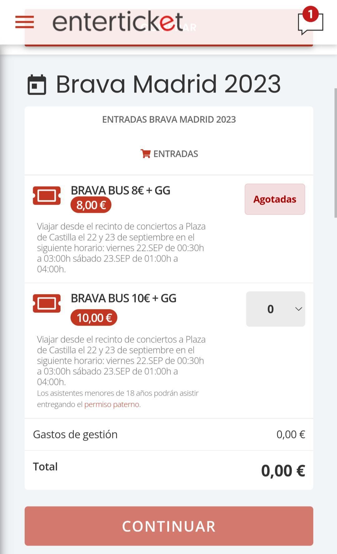 Página de venta de entradas para el bus gratuito de la EMT