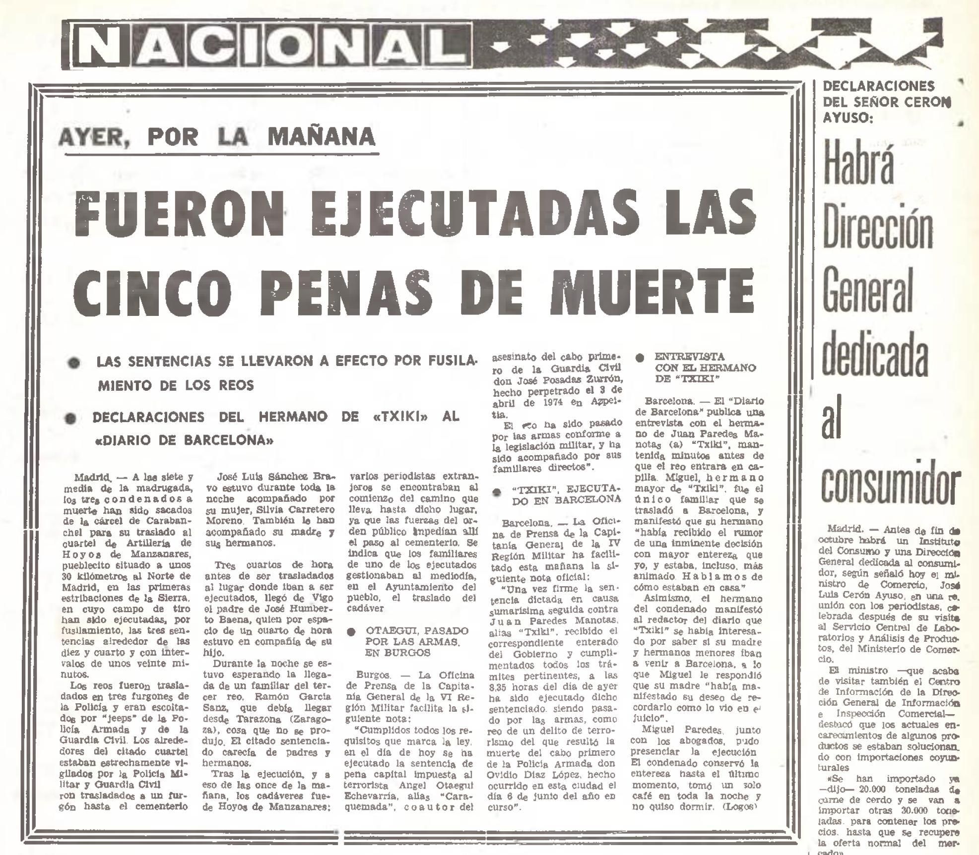 Noticia publicada el 28 de septiembre con la noticia de los fusilamientos.