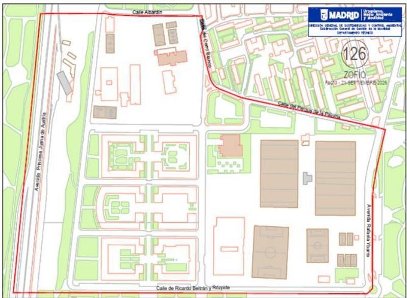 Zona de Zofío sobre la que se proponen ampliar los parquímetros