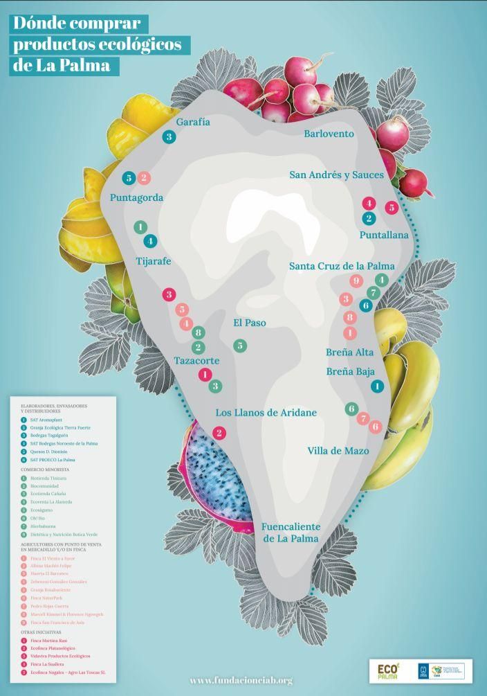 Mapa en el que se localizan los puntos de venta y otros servicios llevados a cabo por operadores ecológicos en La Palma.