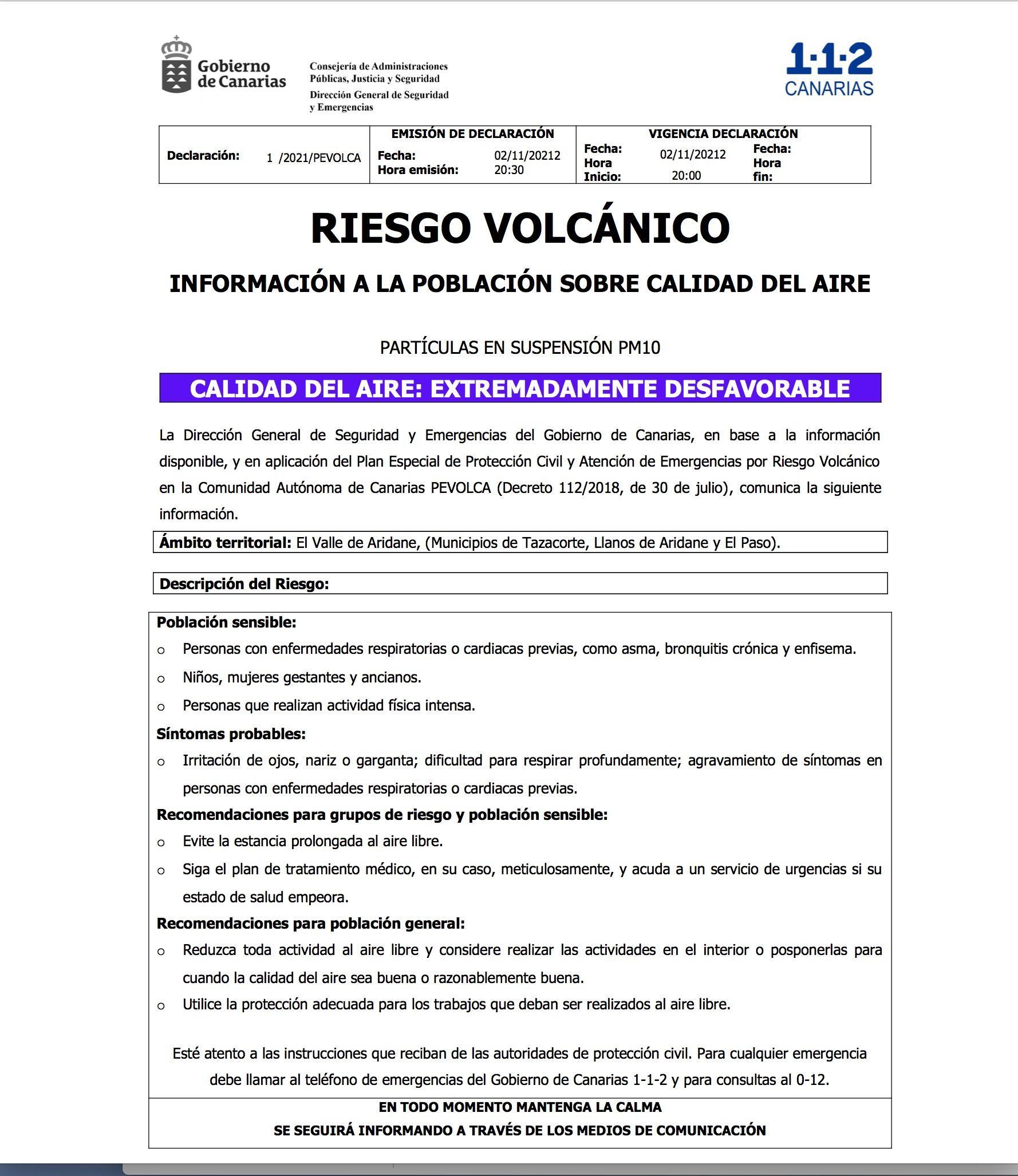 Declaración de calidad del aire extremadamente desfavorable  decretada por la Dirección General de Seguridad y Emergencias del Gobierno de Canarias.