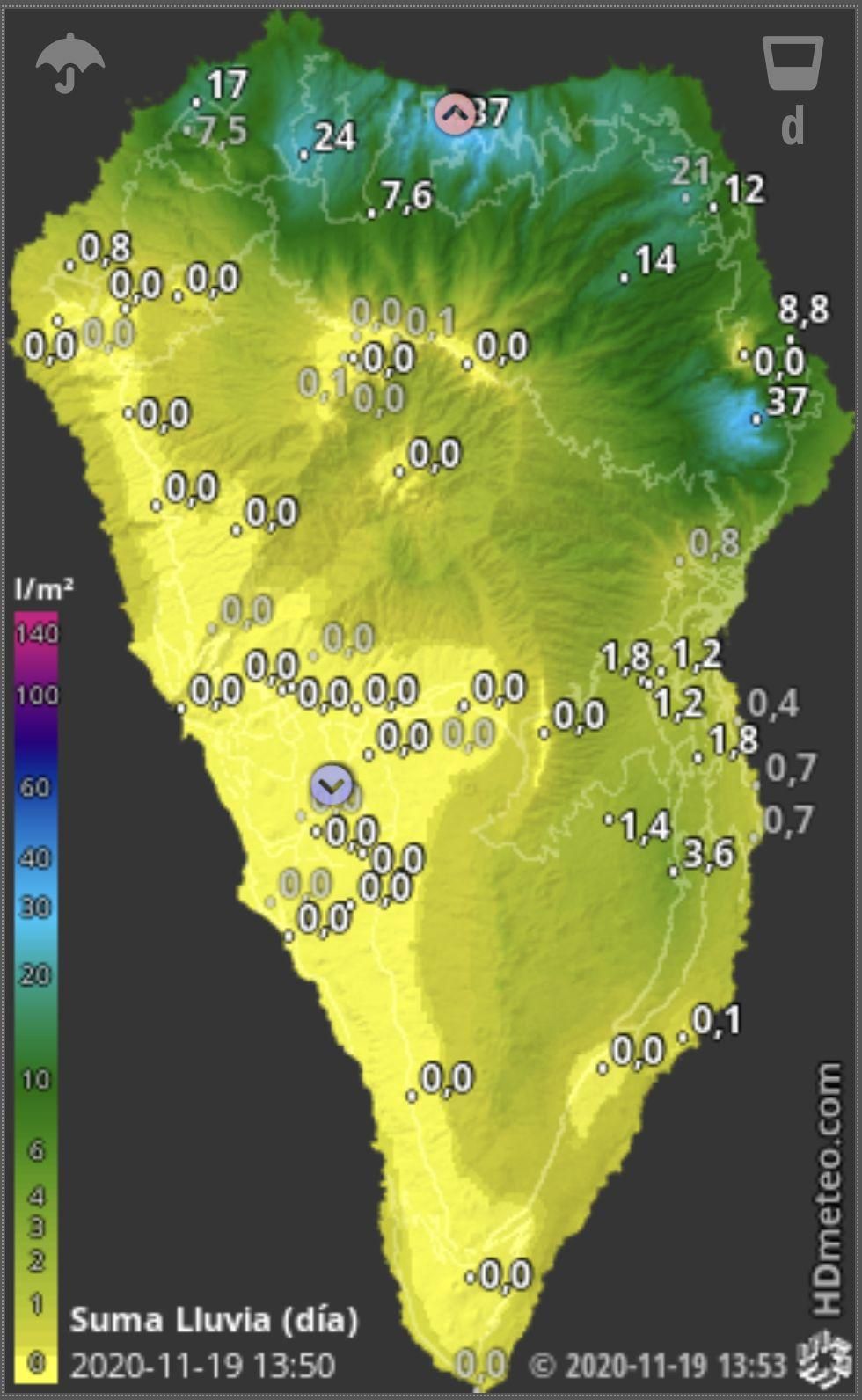 Mapa de HD Meteo La Palma de la lluvia caída, hasta las las 13.50 horas de este jueves, 19 de noviembre.