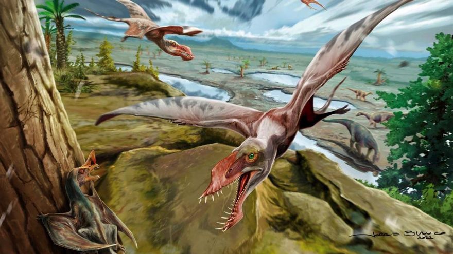 Hace 200 millones de años tres Pachagnathus acosan a un Yelaphomte. // Ilustración de Jorge Blanco