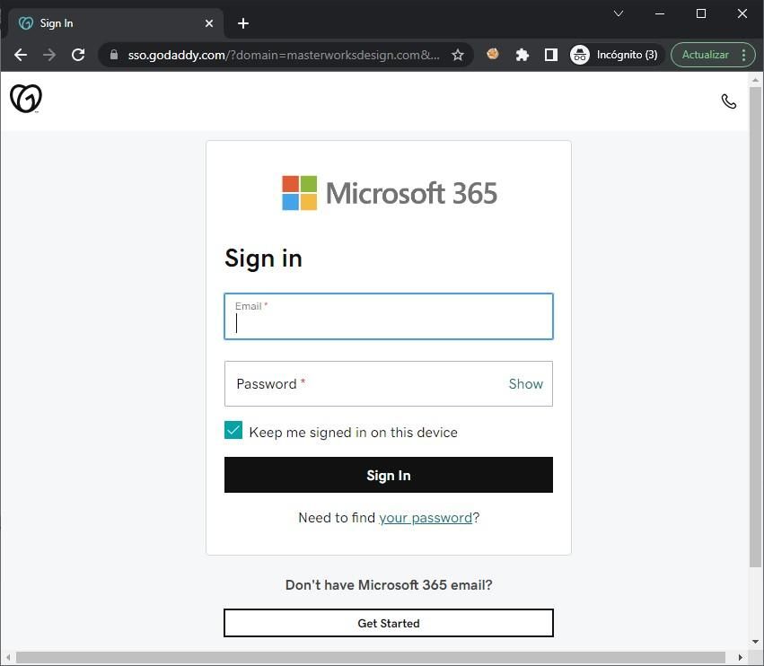 Portal de GoDaddy con la aplicación para entrar a su propio sistema de Microsoft Office 365. La única referencia de que no se trata de una página de Microsoft de es el logo de GoDaddy arriba a la izquierda.