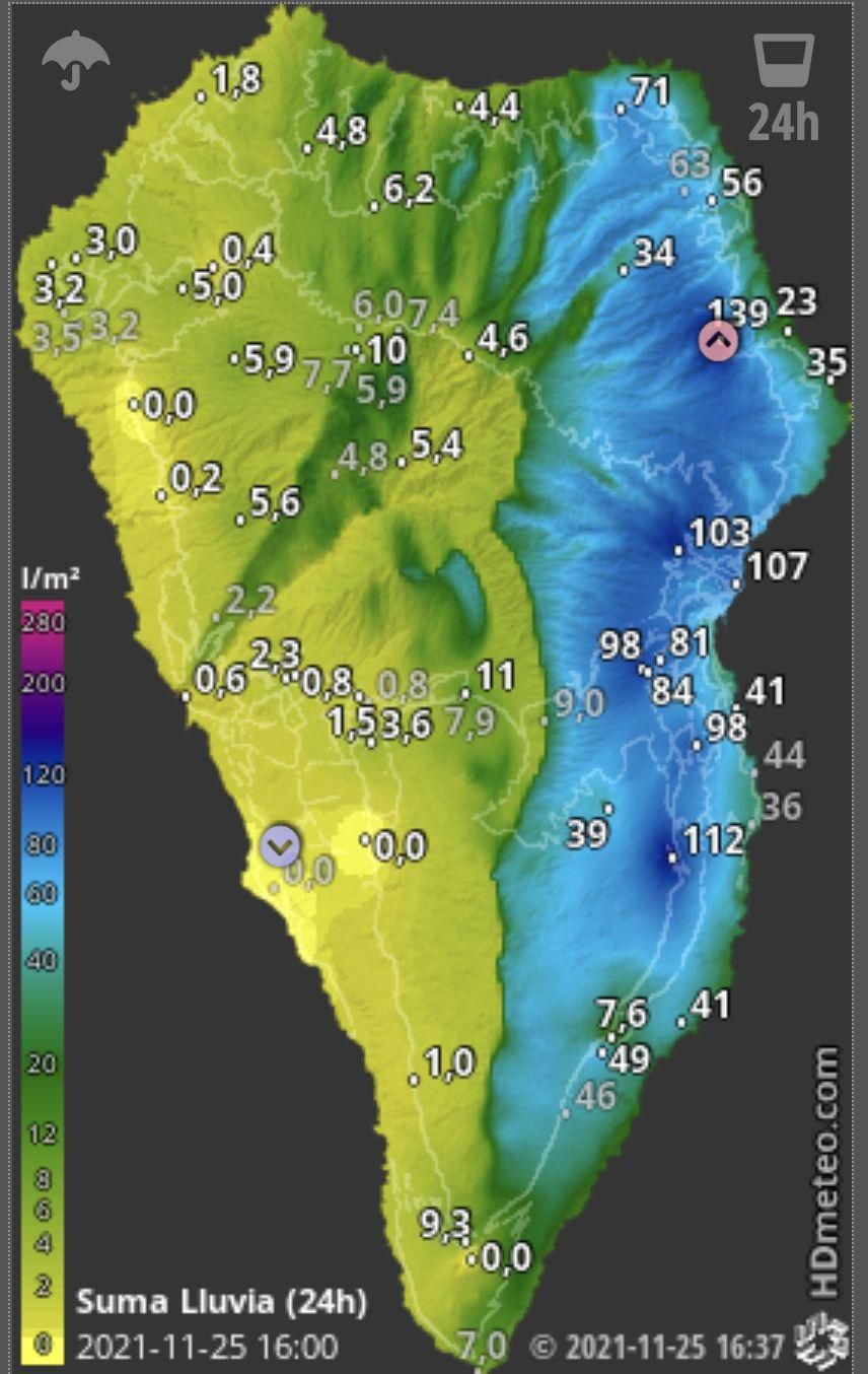 Mapa de HD Meteo La Palma de la lluvia registrada este jueves, hasta las 16.37 horas.