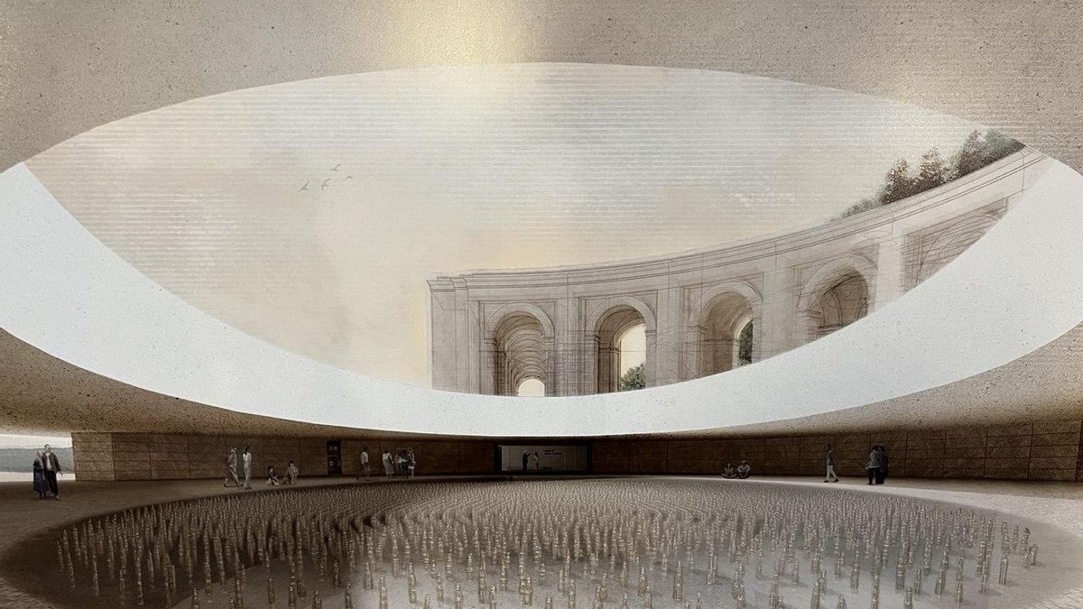 Imagen del patio circular en el interior de la plataforma que dará acceso al centro de interpretación y a la entrada de la basílica.