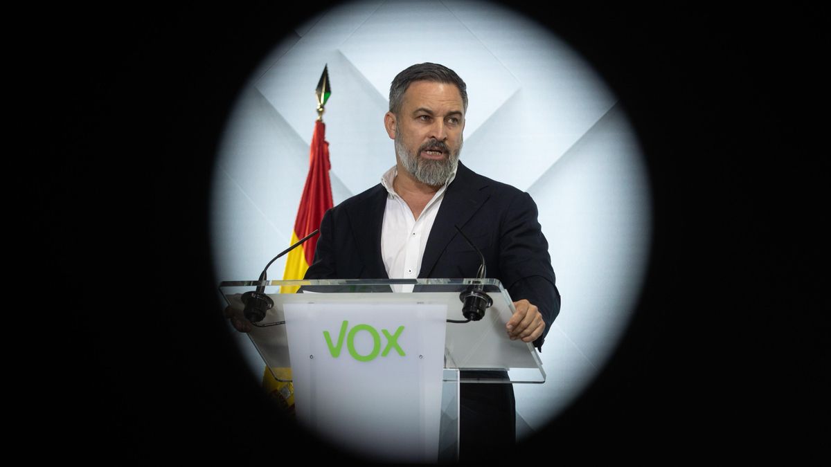 Santiago Abascal durante una rueda de prensa, en la sede VOX, a 14 de julio de 2025, en Madrid.